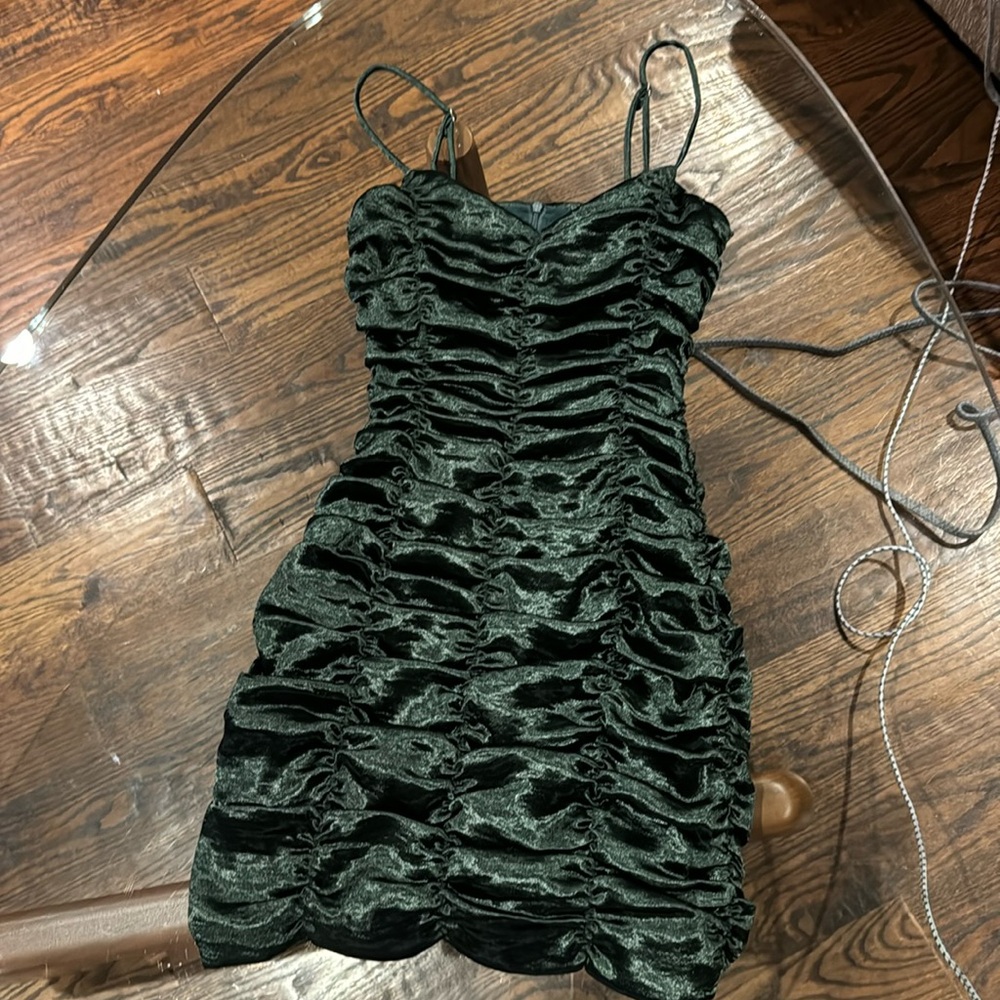 Velvet ruched green mini dress